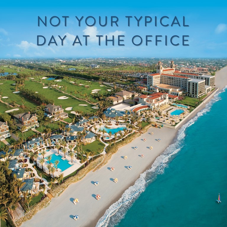 Shot of the beach and a caption "Not your typical day at the office"